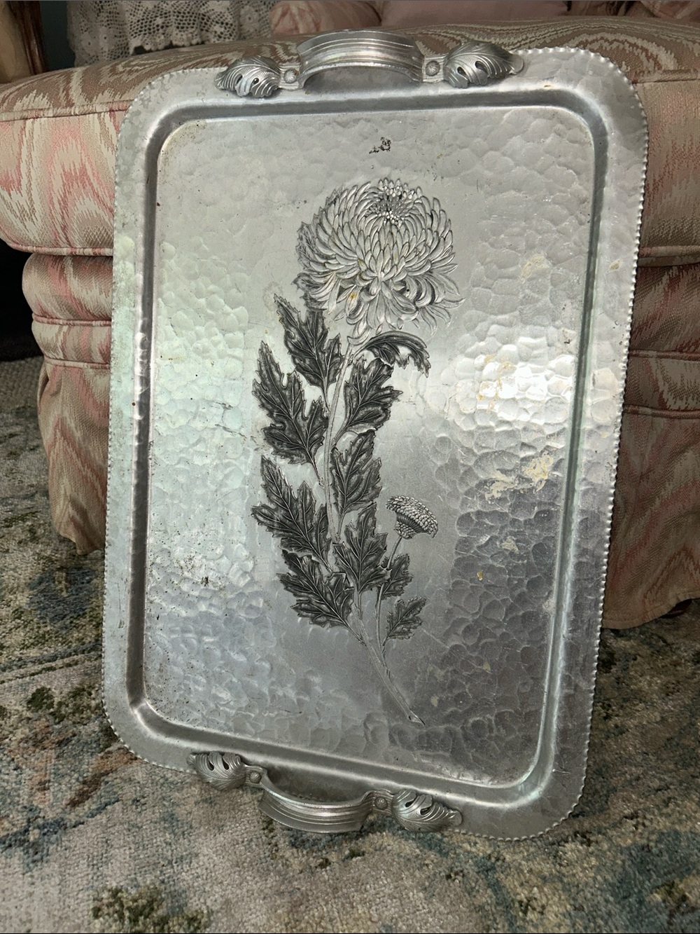 Vintage Silver-Tone Hammered Metal Tray with Stamped Mark